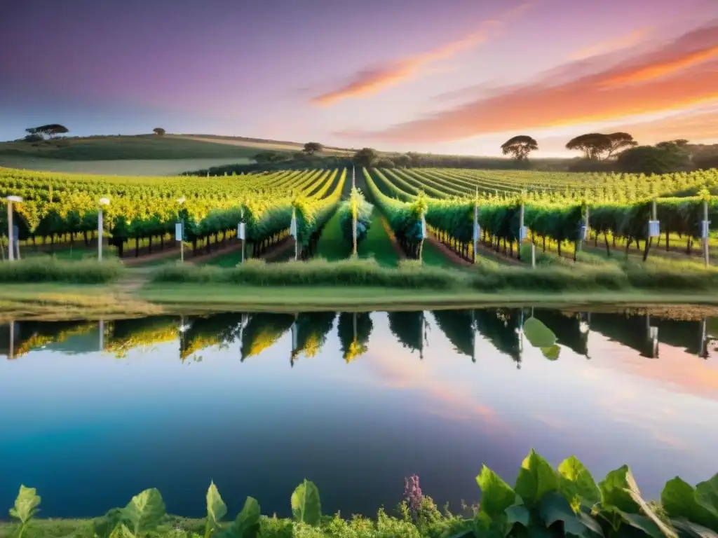 Un atardecer sereno sobre un viñedo exuberante en Uruguay con tiendas de glamping entre las vides