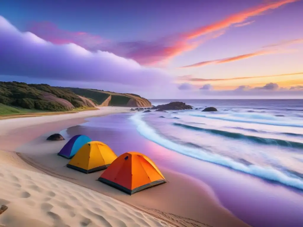 Un atardecer tranquilo en la costa de Uruguay, con tiendas de colores en la playa, donde naturaleza y aventura se equilibran