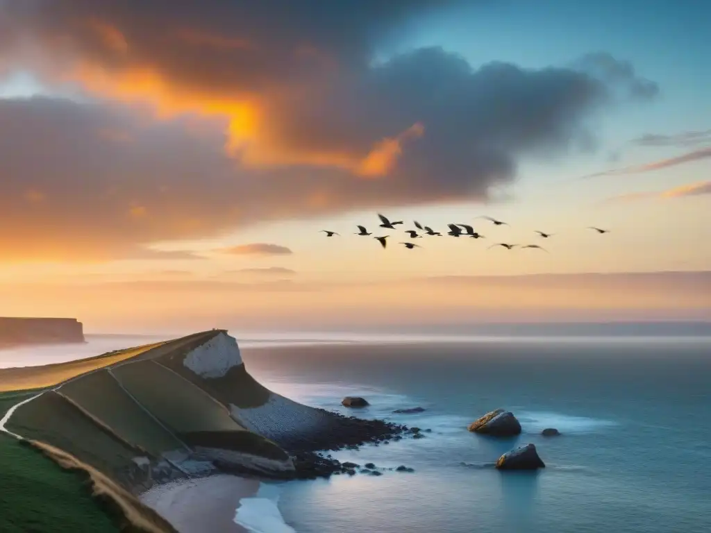 Un atardecer vibrante sobre los acantilados costeros de Uruguay, con una bandada de gaviotas en vuelo