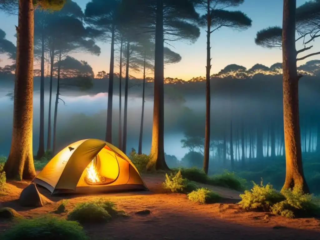 Un atardecer vibrante sobre un bosque exuberante en Uruguay, creando una atmósfera mágica de aventura y tranquilidad