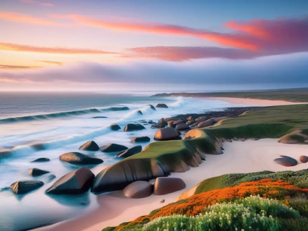 Un atardecer vibrante sobre Cabo Polonio, Uruguay, con leones marinos en la costa