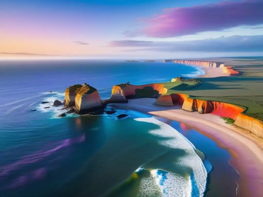 Un atardecer vibrante sobre la costa de Punta del Diablo en Uruguay, ideal para fotógrafos aéreos