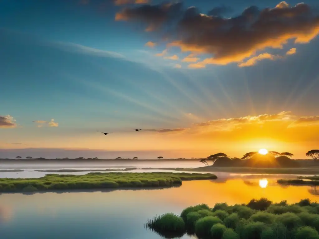 Atardecer vibrante sobre Esteros del Iberá en Uruguay, con vida silvestre