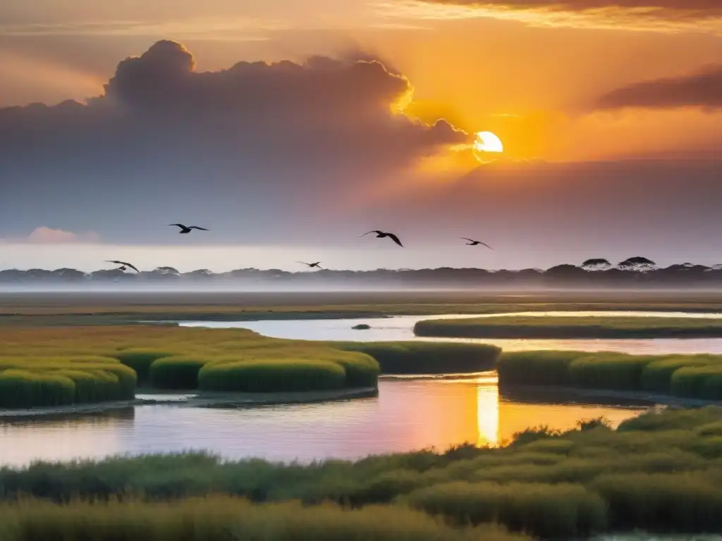 Un atardecer vibrante sobre humedales de Uruguay con aves en vuelo