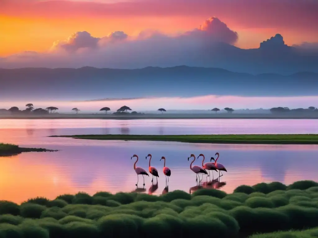 Un atardecer vibrante sobre los humedales de Uruguay con flamencos, reflejando colores dramáticos