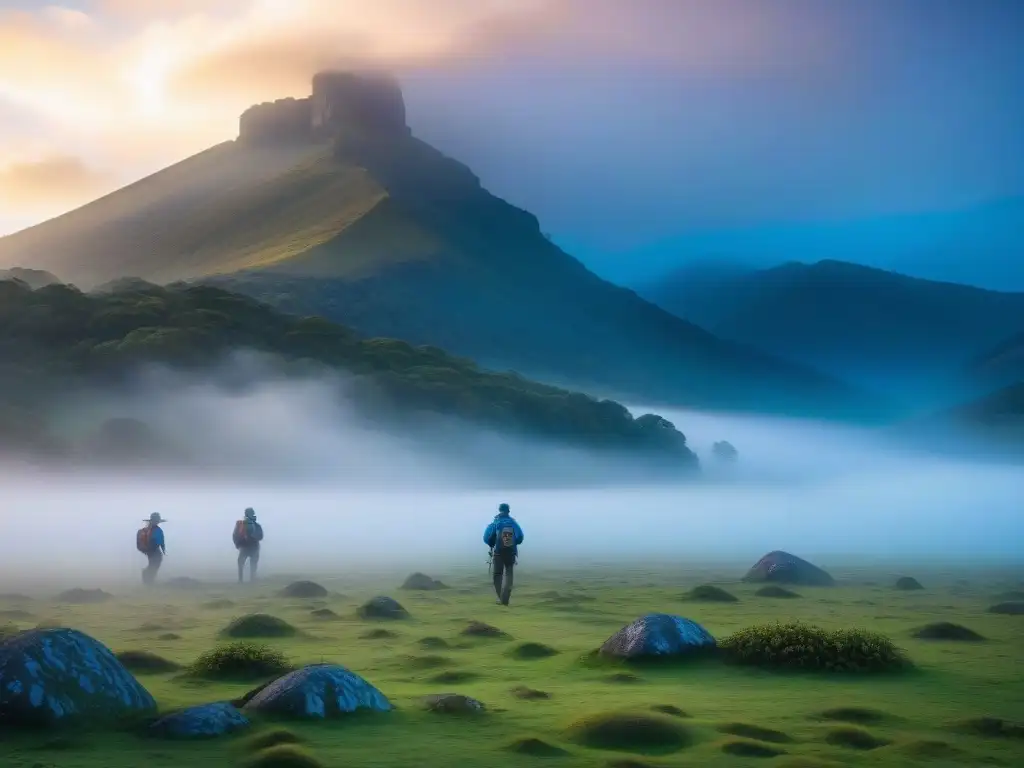 Un atardecer vibrante sobre el icónico Valle del Lunarejo en Parques Nacionales Uruguayos, con vida silvestre sutilmente visible