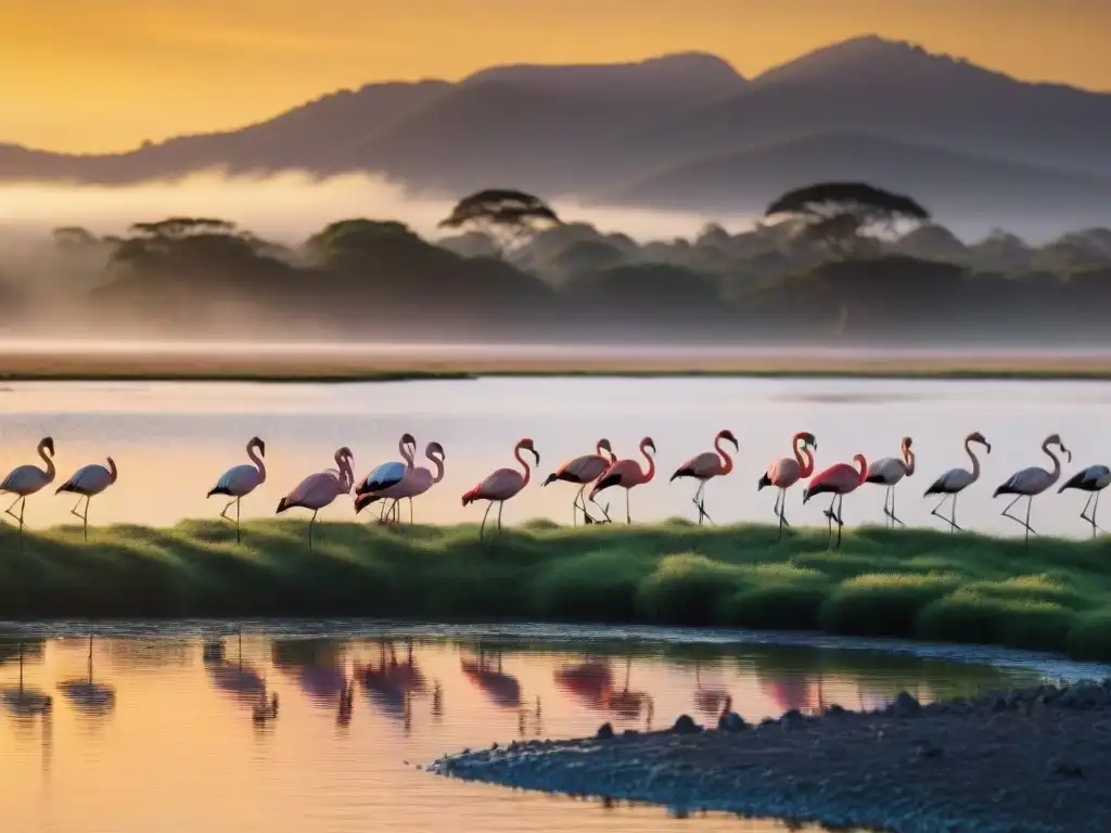 Un atardecer vibrante sobre la Laguna Garzón en Uruguay con flamencos en silueta, reflejando la belleza de la fauna y flora uruguaya