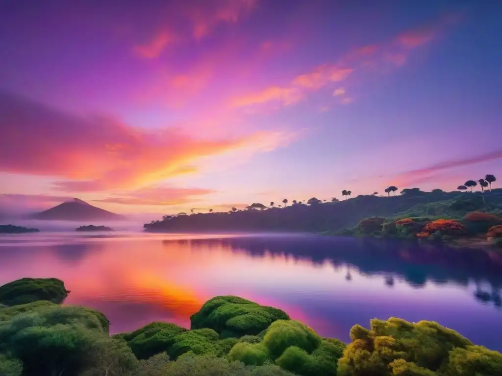 Atardecer vibrante sobre Laguna de Rocha, con cielo naranja, rosa y morado reflejándose en las tranquilas aguas, árboles verdes en silueta