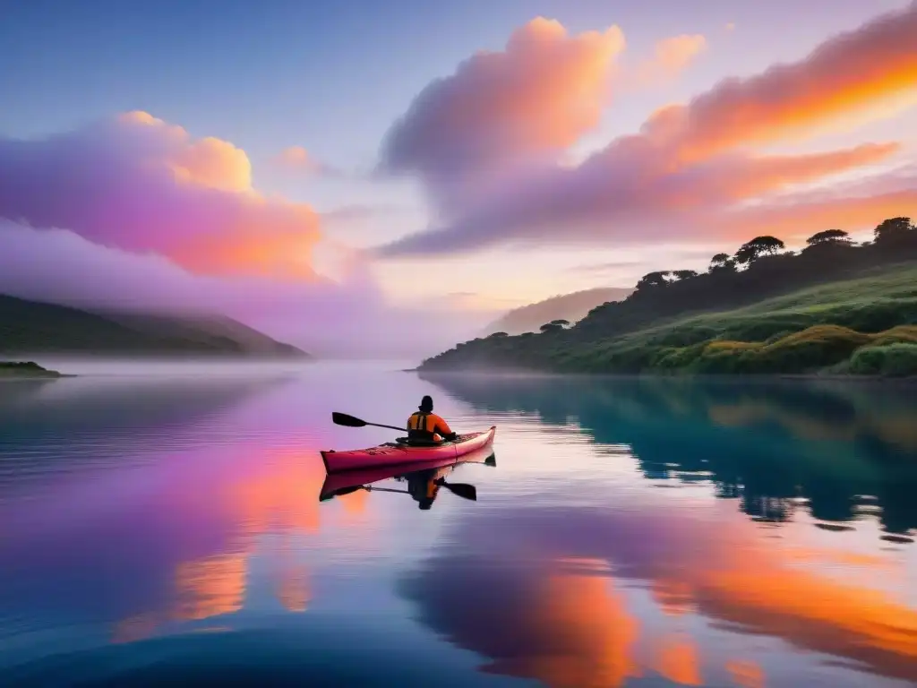 Kayakers disfrutando de un atardecer vibrante en Laguna Garzón, Uruguay