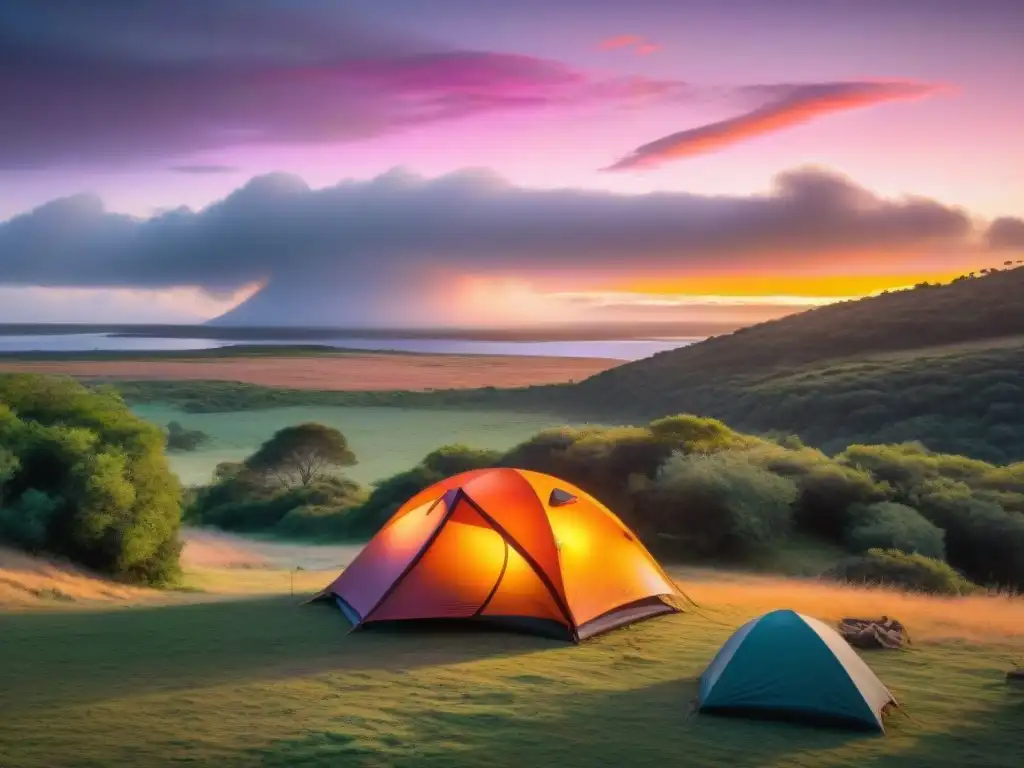 Un atardecer vibrante y mágico sobre un campamento en Uruguay