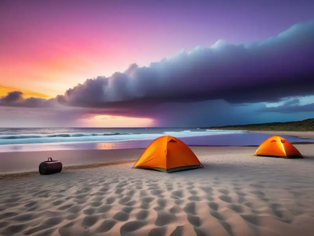 Un atardecer vibrante sobre la playa de Uruguay, con campistas disfrutando la serenidad