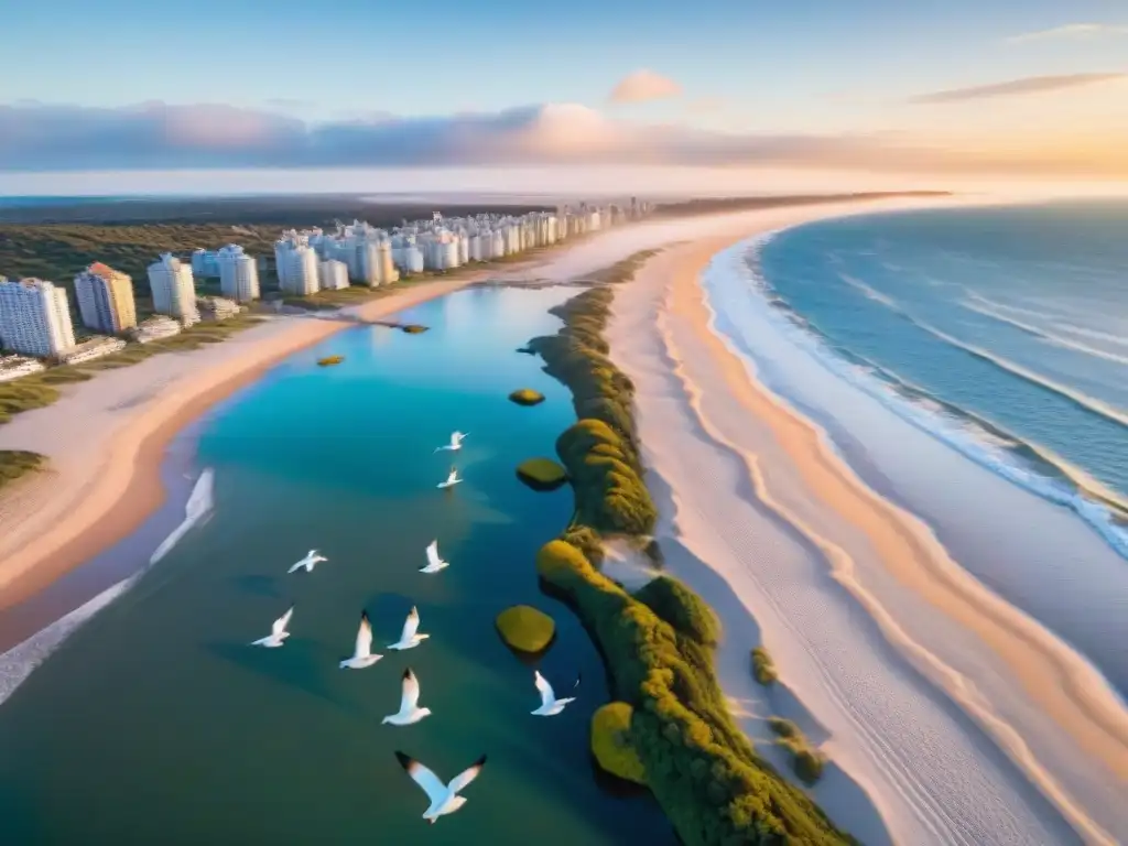 Un atardecer vibrante en Punta del Este, Uruguay, con gaviotas en vuelo