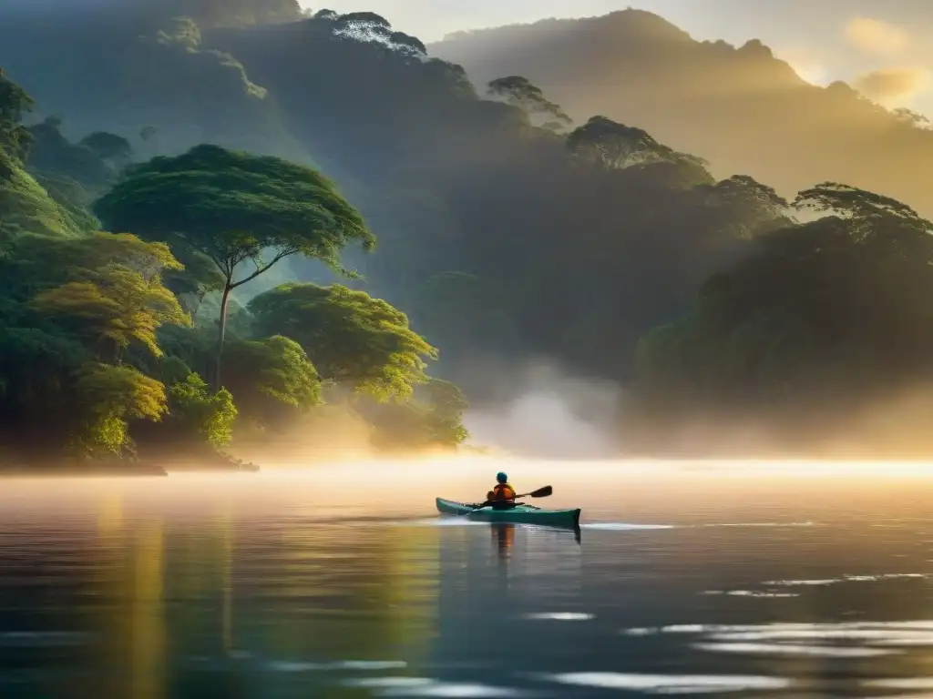 Un atardecer vibrante reflejado en las aguas del Río Negro, con un kayakista remando entre tonos dorados y vegetación exuberante en las riveras