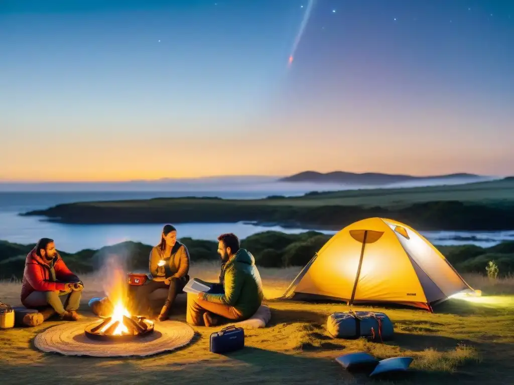 'Atmósfera de seguridad y diversión en un campamento en Uruguay al anochecer, con campistas disfrutando de actividades bajo un cielo estrellado