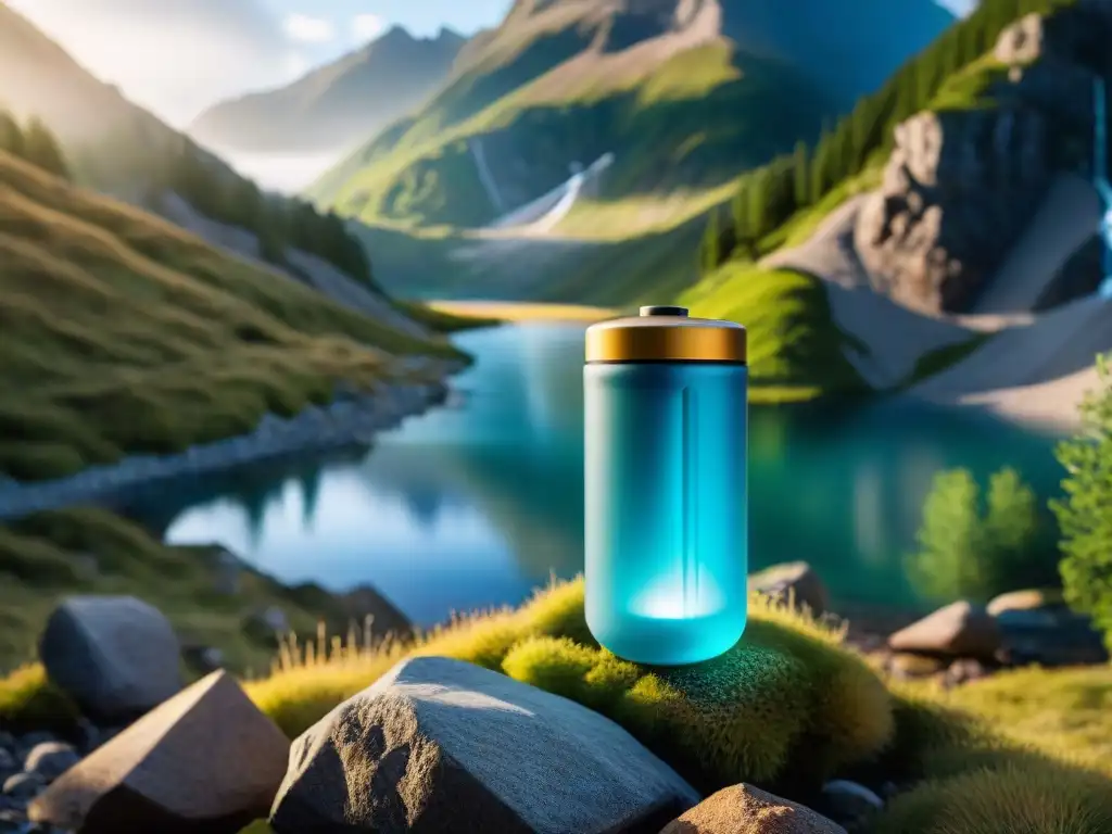 Un avanzado sistema de filtración de agua para camping, con campistas disfrutando de agua purificada en un entorno natural