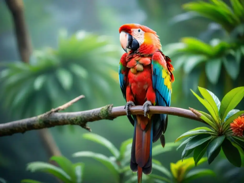 Ave exótica Aves exóticas Uruguay camping: Guacamayo escarlata en árbol verde brillante, plumaje iridiscente al sol