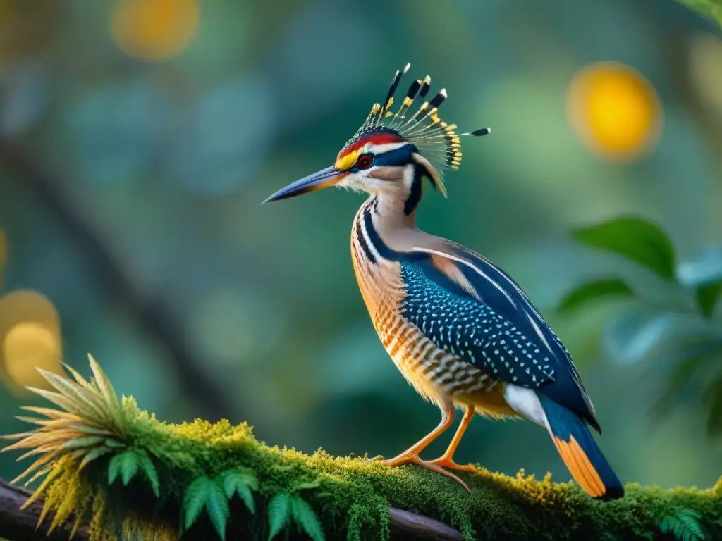 Una ave inusual en Uruguay: el vibrante Sunbittern posado en un ramo cubierto de musgo en un exuberante bosque tropical, capturando su belleza única