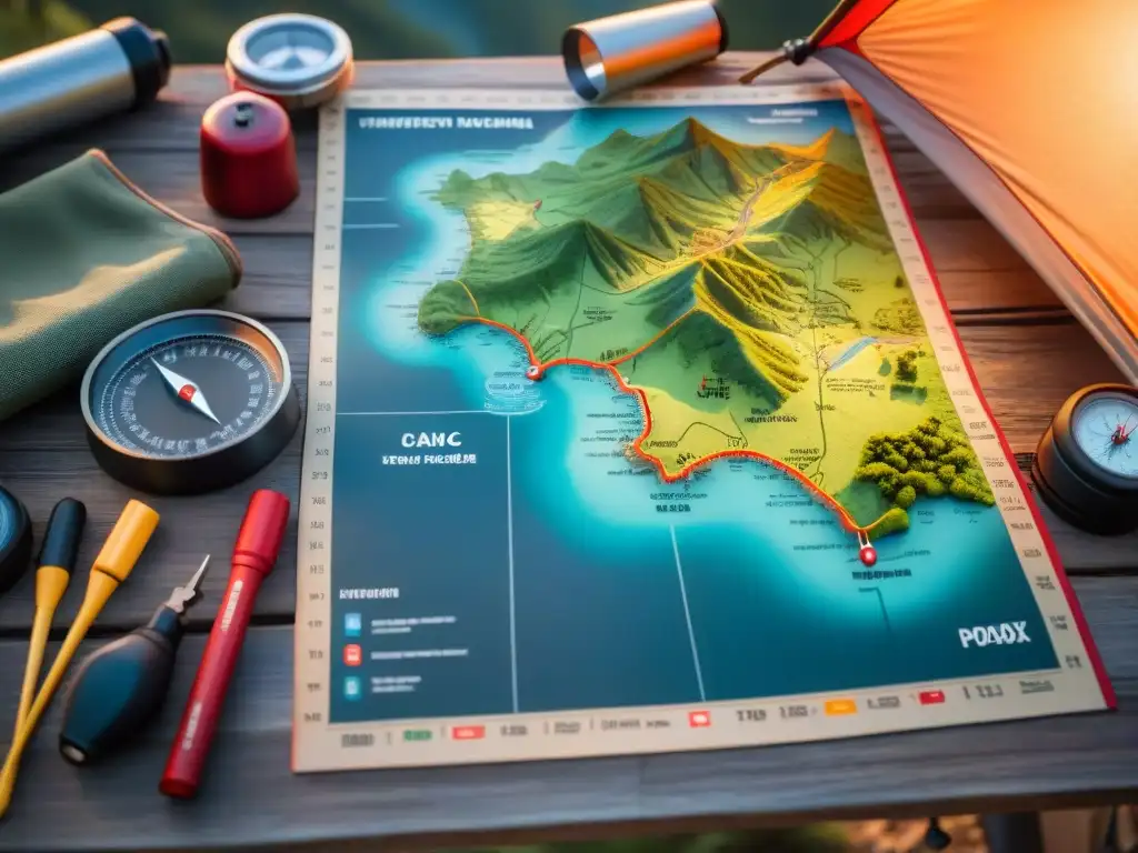 Prepara tus aventuras: Herramientas de orientación para camping sobre mesa de madera con mapa detallado y accesorios de navegación