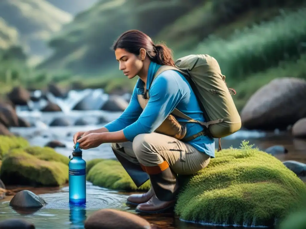 Un aventurero purifica agua en un arroyo de Uruguay, destacando técnicas de purificación de agua en la naturaleza