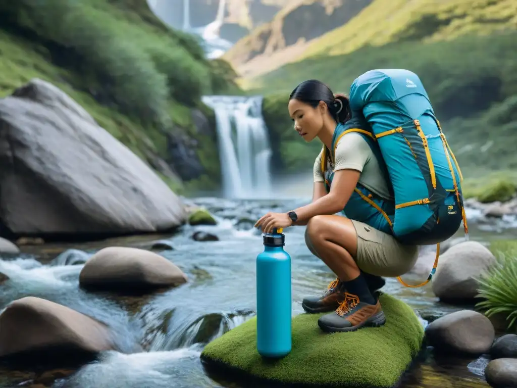 Un aventurero purificando agua en la montaña con un sistema de filtración de alta tecnología