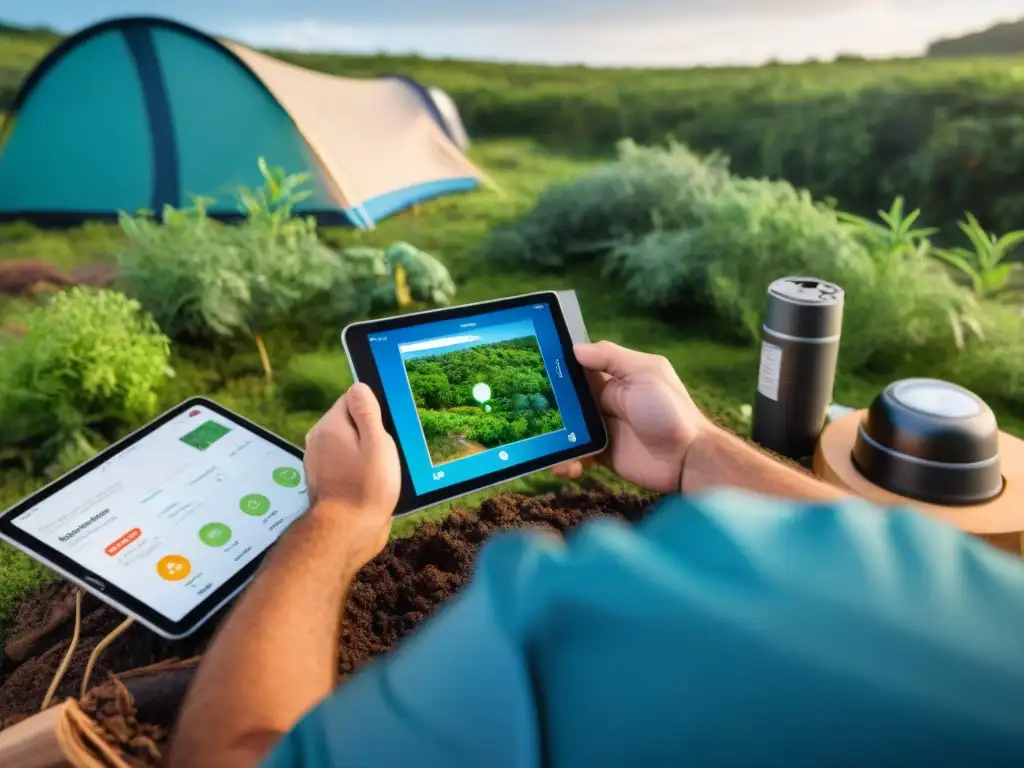 Un aventurero en un campamento eco en Uruguay usando apps ecocamping sostenible