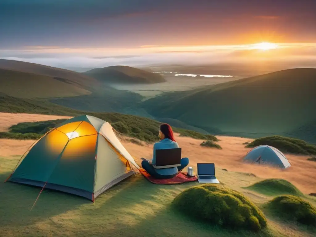 Un aventurero conectado con la naturaleza en un área remota de camping en Uruguay, disfrutando del atardecer con internet