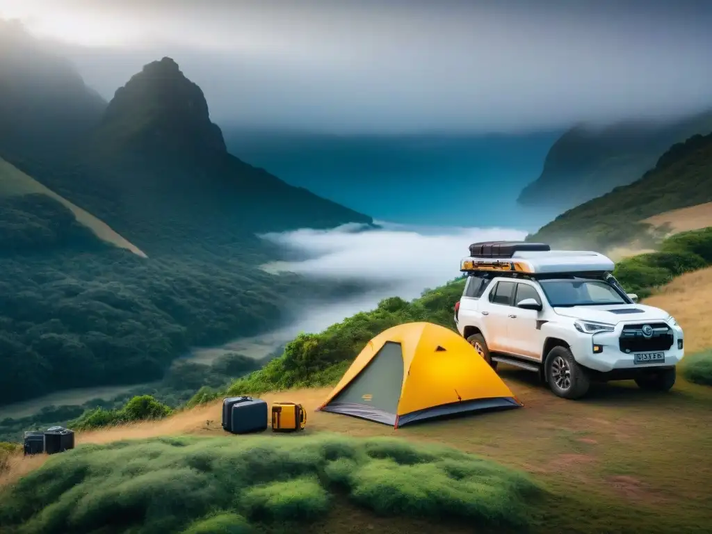 Un aventurero en la exuberante naturaleza de Uruguay rodeado de gadgets de alta tecnología para camping