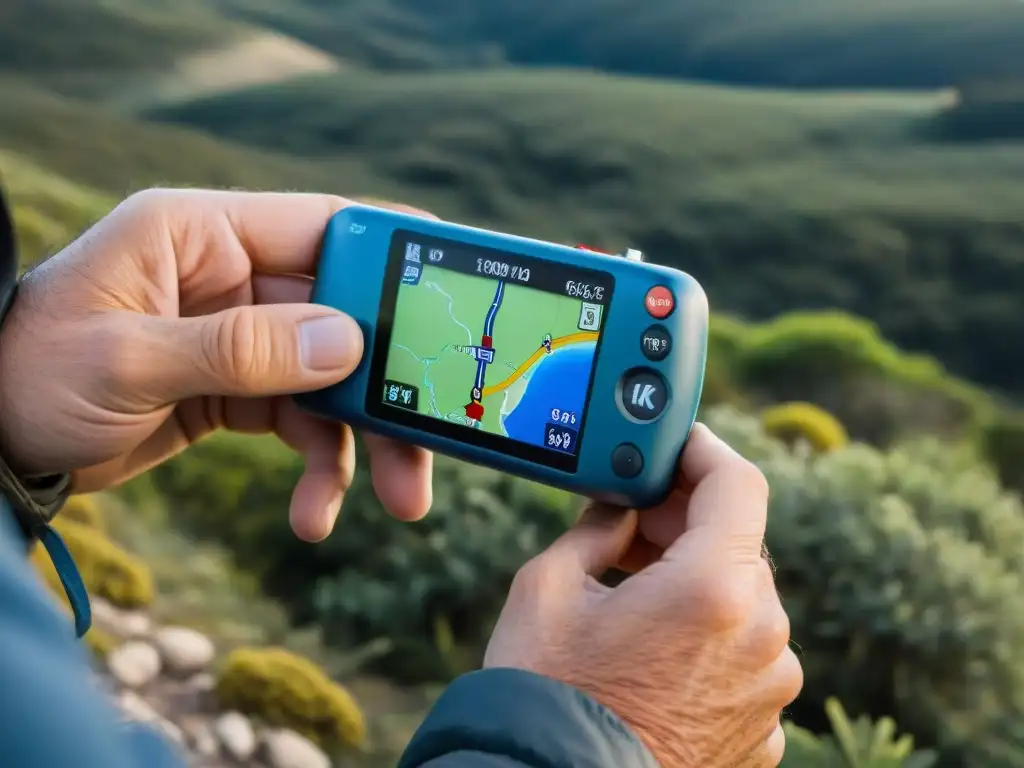 Un aventurero ajusta un GPS para camping en Uruguay, rodeado de naturaleza exuberante y cielo azul claro