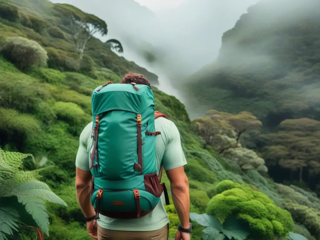 Un aventurero con mochila técnica en un bosque denso de Uruguay