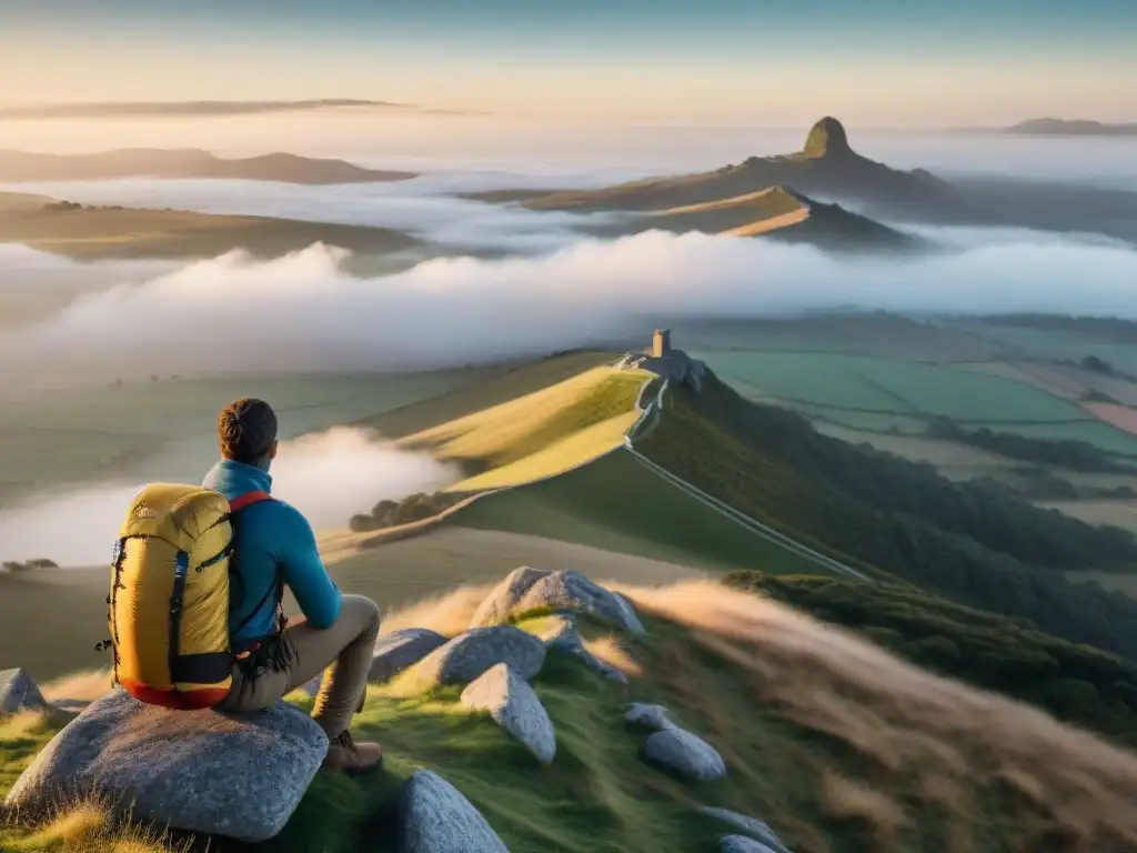 Un aventurero con mochila técnica ultraligera admirando el amanecer en las colinas de Uruguay