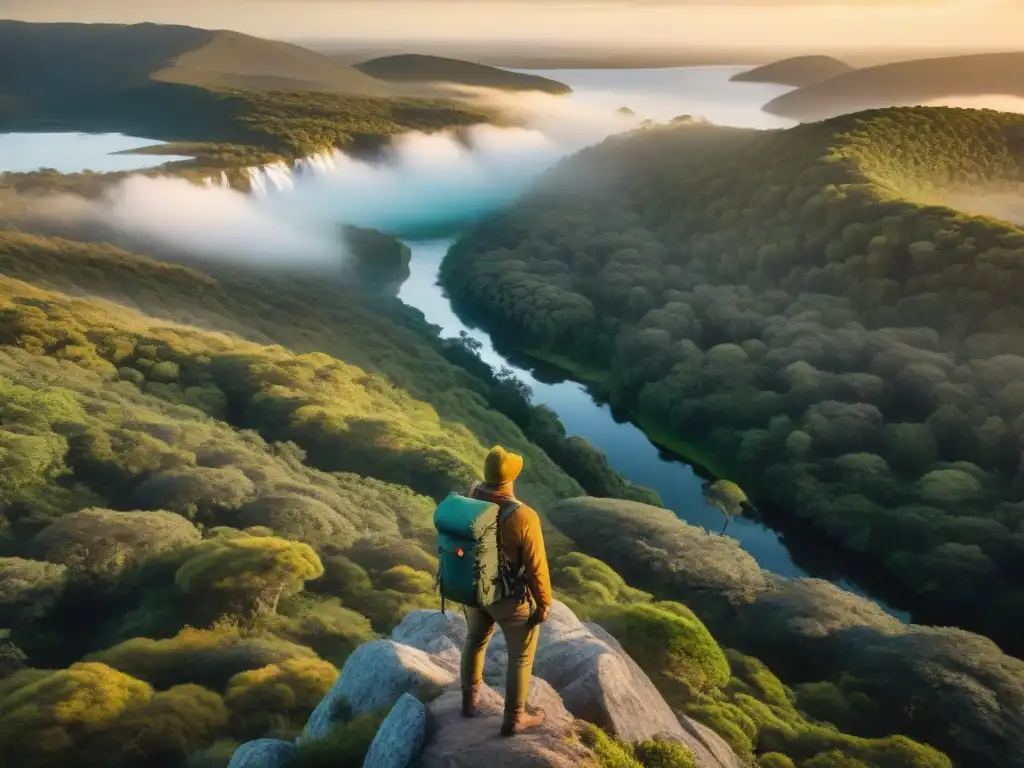 Un aventurero solitario contempla la exuberante naturaleza de Uruguay al atardecer