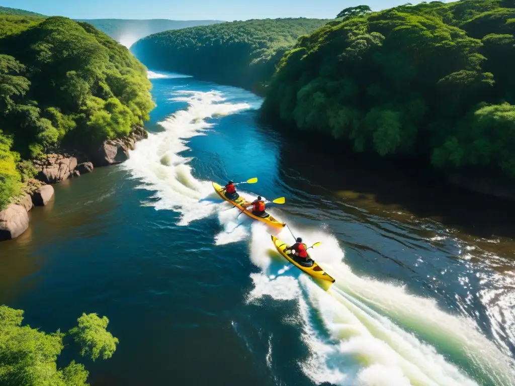 Aventureros en kayaks exploran el Río Negro, rodeados de naturaleza exuberante en Uruguay