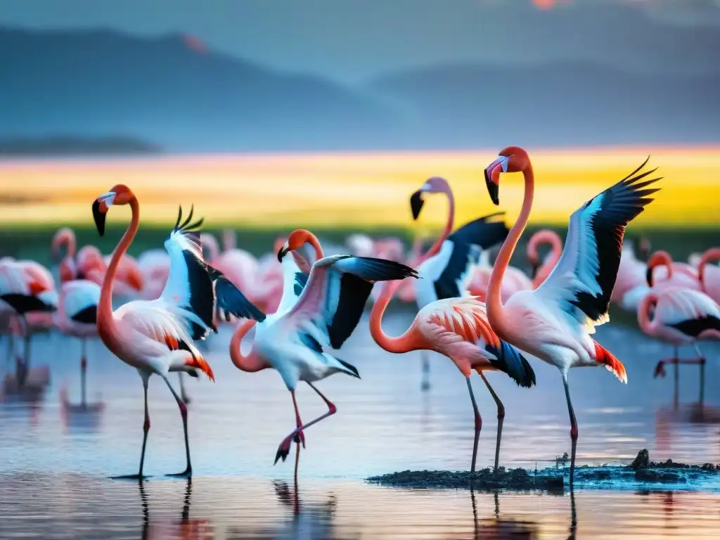 Aves migratorias en Uruguay: bandada de flamencos coloridos volando sobre humedal al atardecer