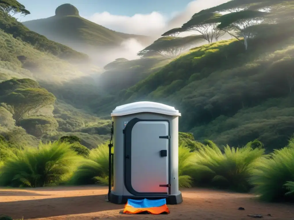 Baños portátiles camping Uruguay: Inodoro moderno en bosque uruguayo, con sistema de ventilación solar y prácticas eco-friendly