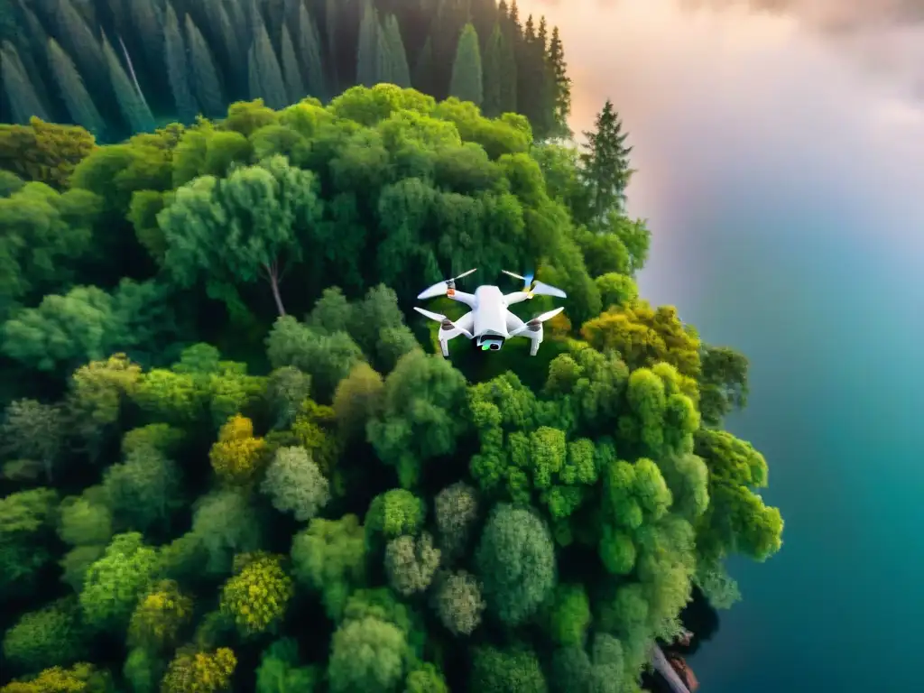 Explora la belleza de un bosque verde al atardecer con un dron, reflejando en un lago sereno