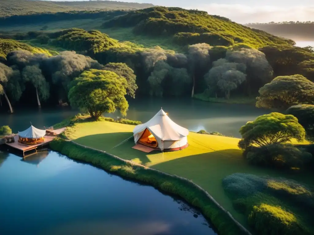 Explora la belleza de un camping privado de lujo en Uruguay con tiendas elegantes y naturaleza exuberante al atardecer