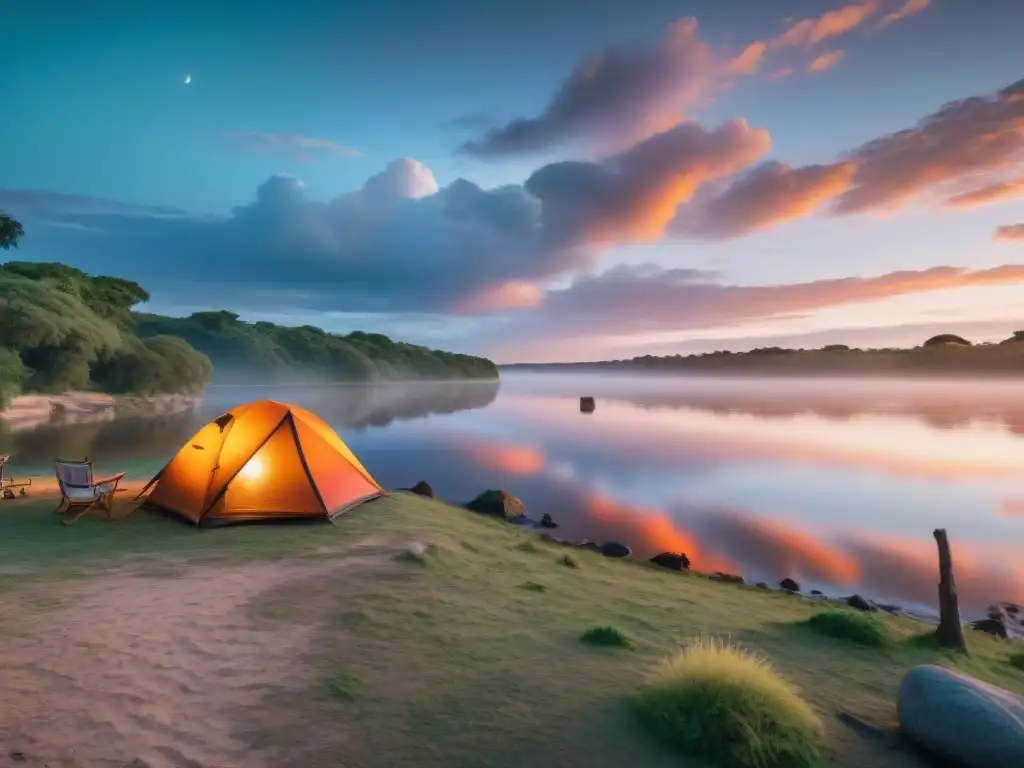 Disfruta los beneficios de acampar junto al río Uruguay al atardecer