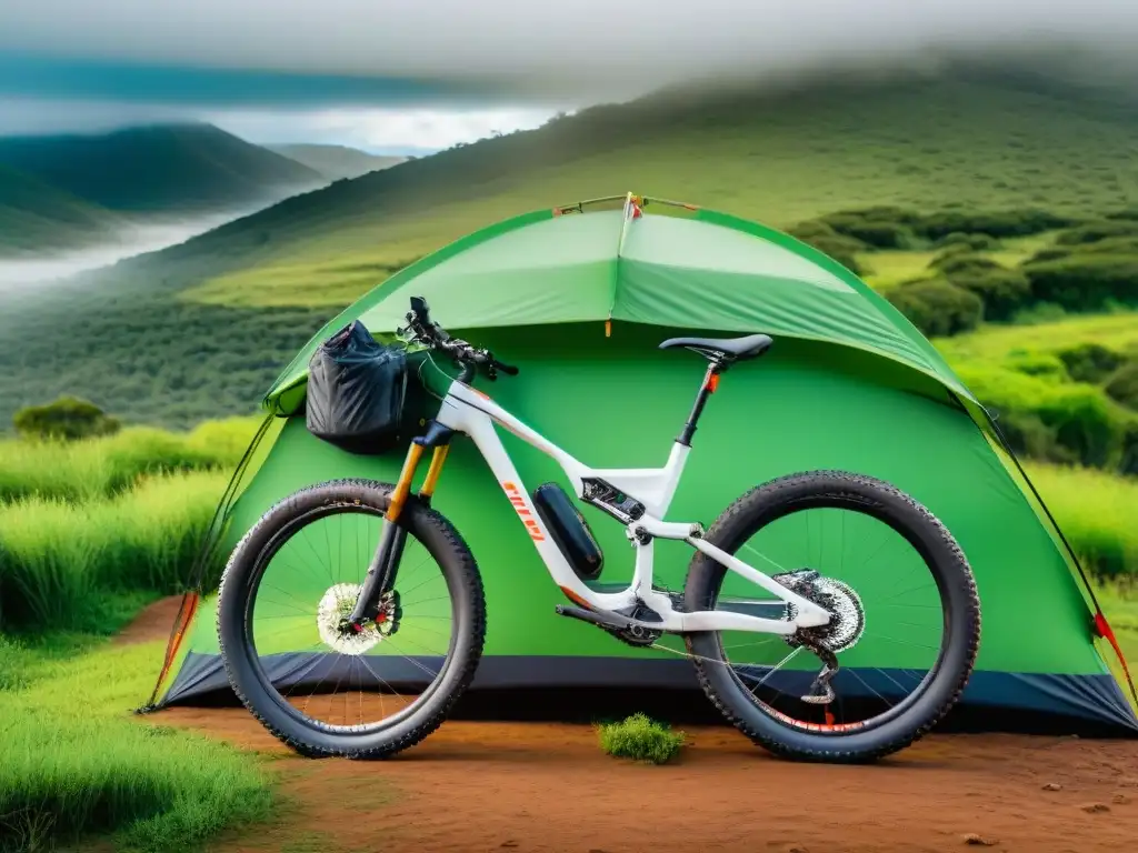 Bicicleta de montaña equipada para camping en Uruguay, en un paisaje de bosques verdes y colinas, ideal para aventuras al aire libre