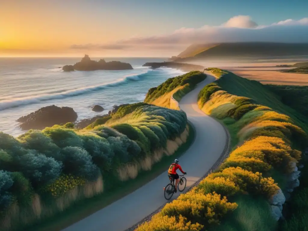 Bicicletas recorriendo rutas costeras en Uruguay al atardecer dorado, entre olas y vegetación exuberante