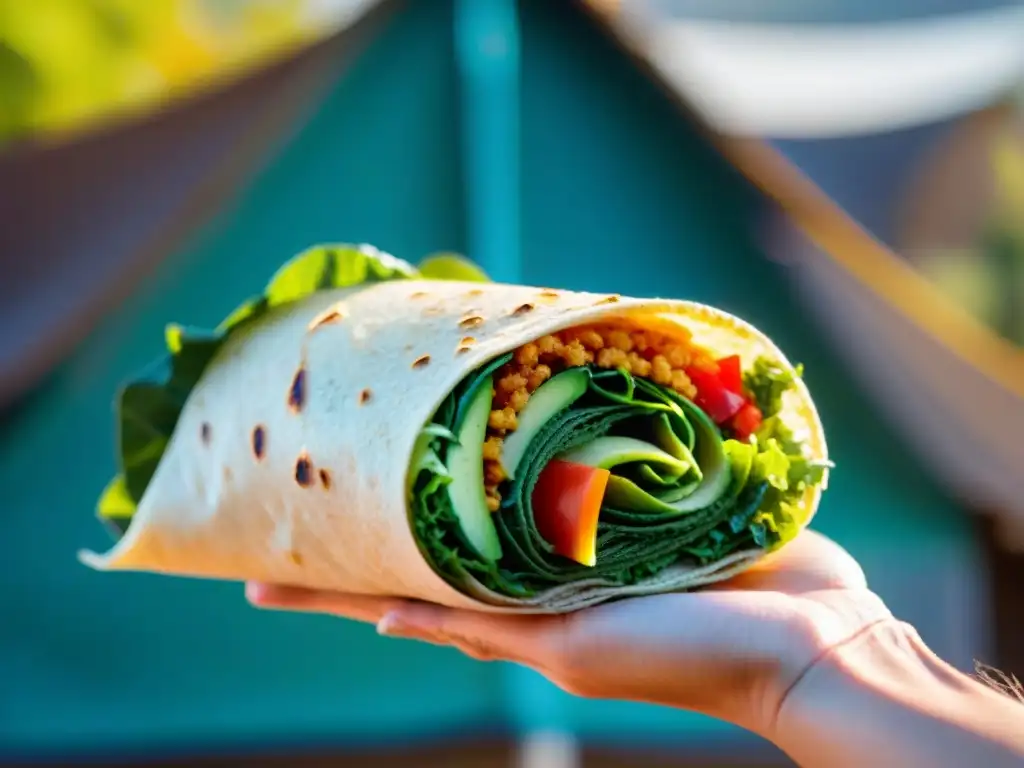 Bocadillo de quinoa y vegetales en mano, colores vibrantes y texturas detalladas, en un campamento en Uruguay