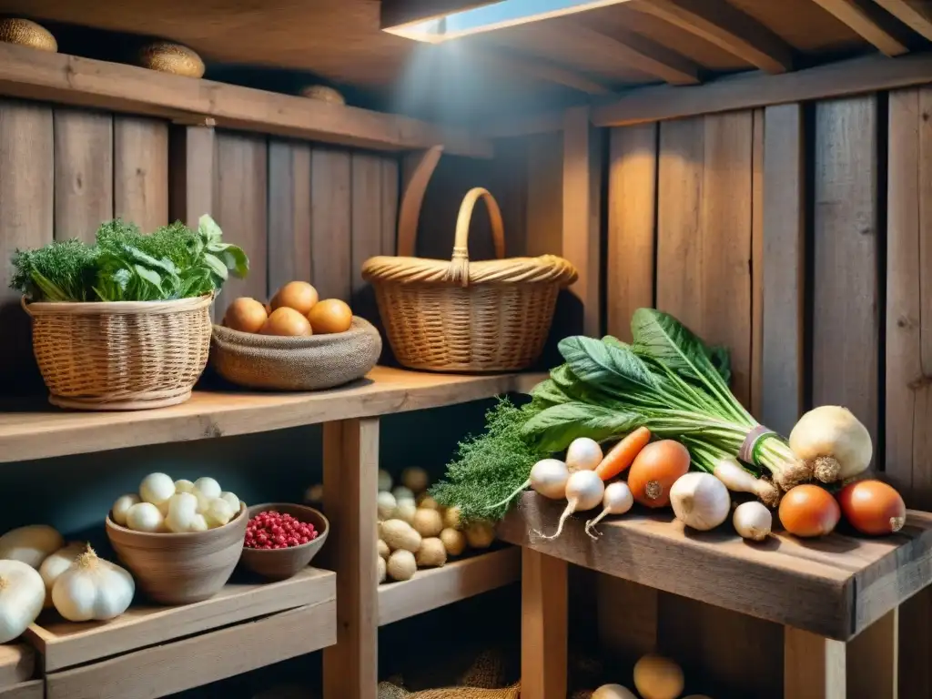 Una bodega tradicional subterránea con alimentos y hierbas frescas, conservación alimentos naturaleza sin refrigeración