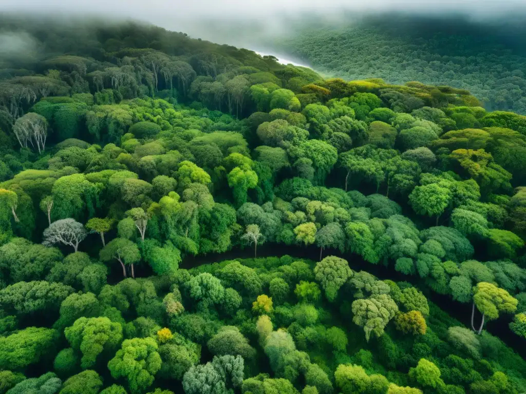 Un bosque virgen en Uruguay, con aves coloridas volando y un arroyo cristalino