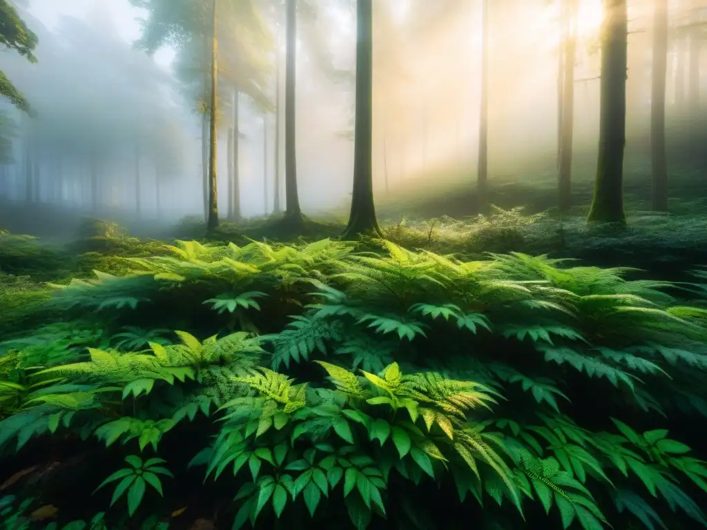 Un bosque cubierto de neblina al amanecer, con rayos dorados filtrándose entre los árboles