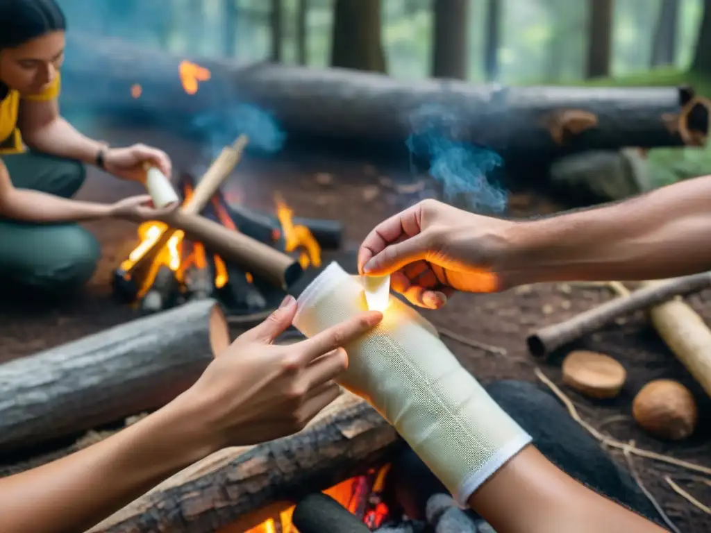 En el bosque, un camper enseña primeros auxilios junto al fuego