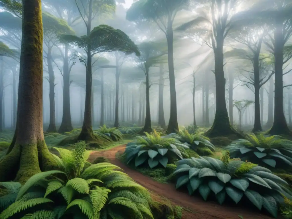 Un bosque exuberante en Uruguay, con árboles nativos y follaje vibrante bajo la luz dorada del atardecer