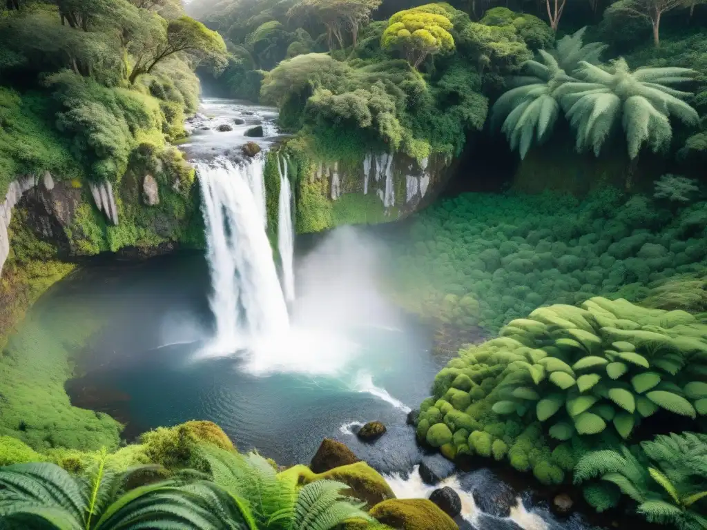 Un bosque exuberante en Uruguay, con árboles nativos detallados, luz solar filtrada y una cascada majestuosa