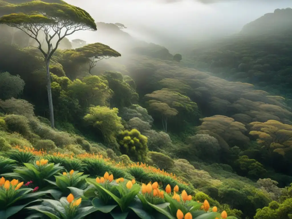 Un bosque exuberante en áreas de conservación de Uruguay, con flora y fauna exótica