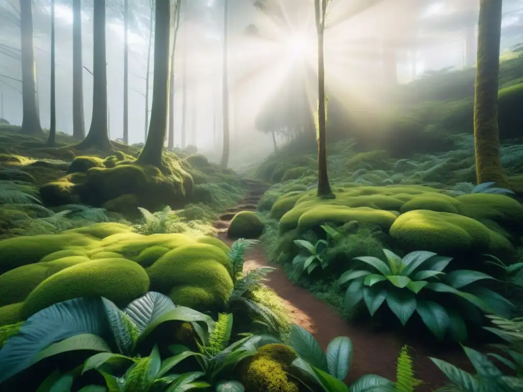 Un bosque exuberante en Uruguay, con flora vibrante y un sendero oculto