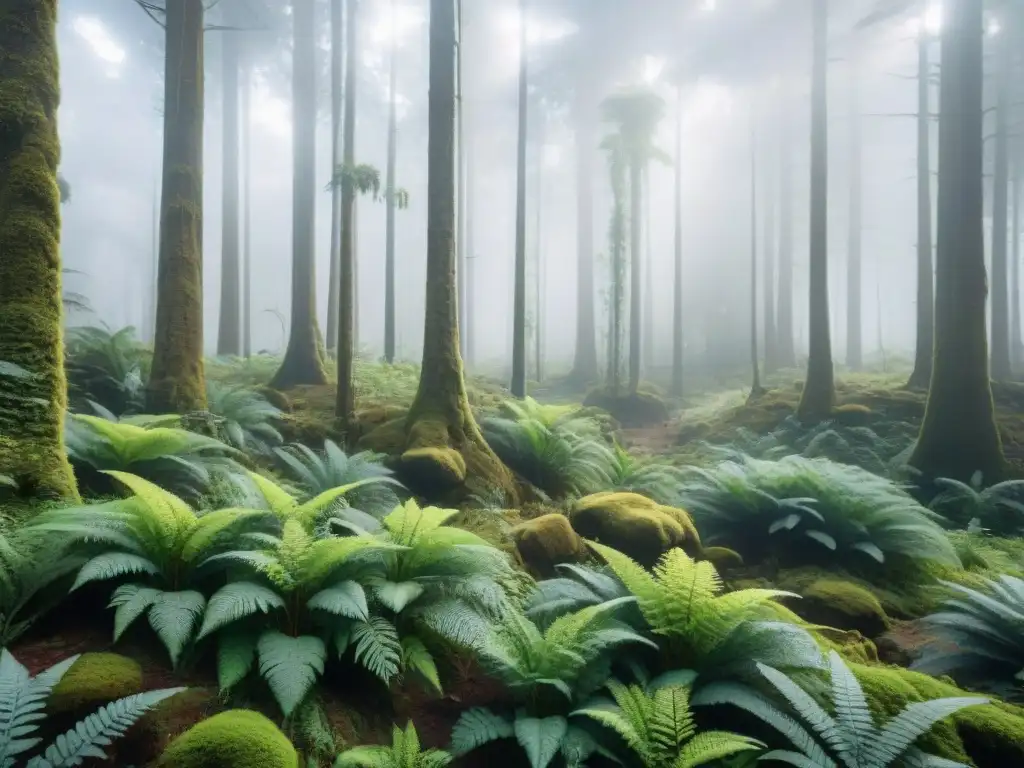 Un bosque exuberante en Uruguay donde la luz del sol se filtra a través del dosel denso sobre un submatorral vibrante de helechos y flores silvestres