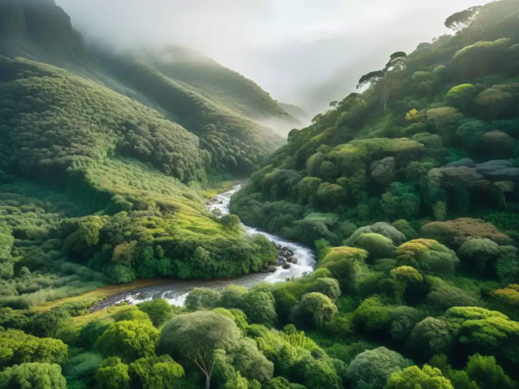 Un bosque exuberante y misterioso en Uruguay con arroyo cristalino, árboles altos y flores silvestres